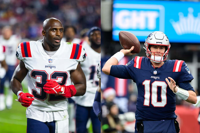 Former New England Patriots safety Devin McCourty (left) and current quarterback Mac Jones (right).